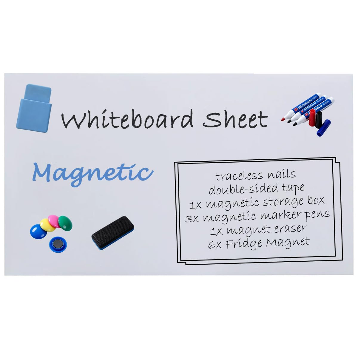 Foglio di lavagna magnetica, facile da scrivere e cancellare a secco, lavagna magnetica per liste di promemoria, lavagna bianca per ufficio e casa, con 3 penne, 1 gomma magnetica, 6 magneti (bianco