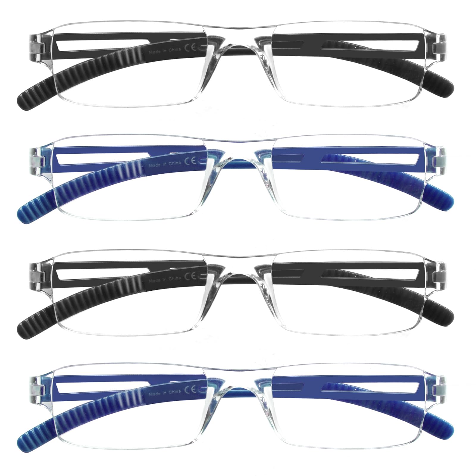 COJWIS 4er-Pack Rahmenlose Lesebrille für Damen und Herren Leicht und Bequem Anti Blaulicht Lesehilfe /TR90 Brille (2 Schwarz 2 Blau, 1.00, multiplier_x)