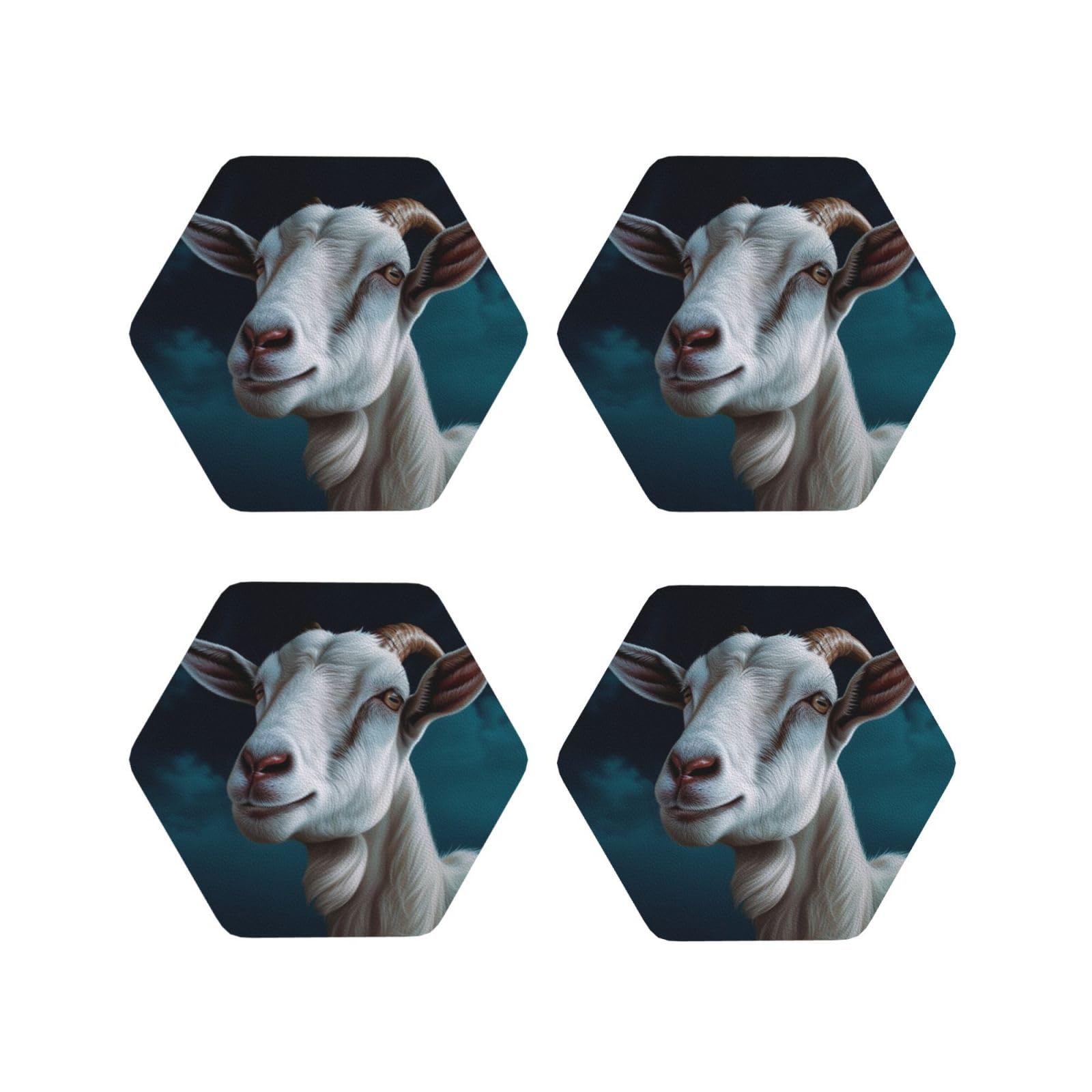 4Pcs PU Leather Coaster for Drinks, Goat Cup Coastersr 4" Cup Mat Pad, Aesthetic Drink Coasters for Coffee Table, Hexagon Coaster for Tabletop Protection