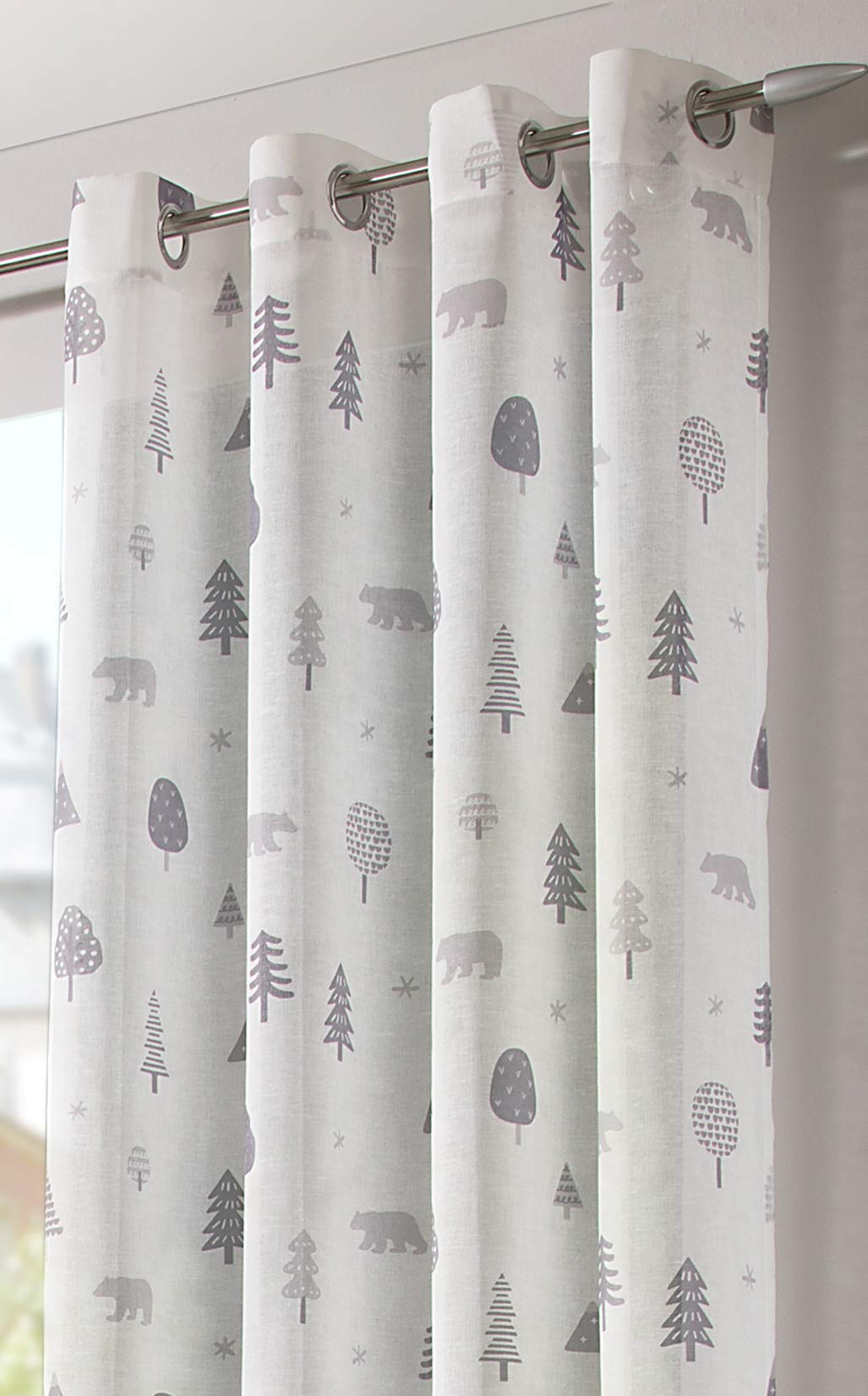 heimtexland ® Vorhang Kindergardine Leinen Optik Natur Grau Skandinavisch Wald Bär Gardine transparent Kinderzimmer Ösenschal Ökotex Typ563 Weiß - Grau mit Ösen I HxB 245x135 cm