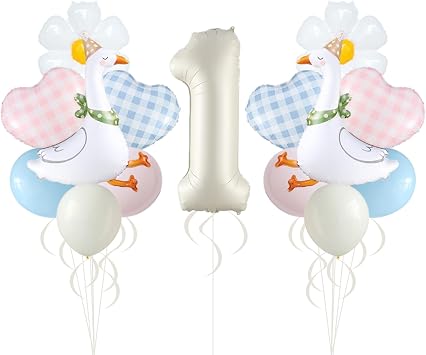 One Silly Goose Party Decorations 21Pcs Pastel Macaron Pink Blue and Ivory White Latex Balloons with Goose Daisy Checkered Heart Number 1 Foil Balloons for 1st Birthday Party Supplies 1st Kit