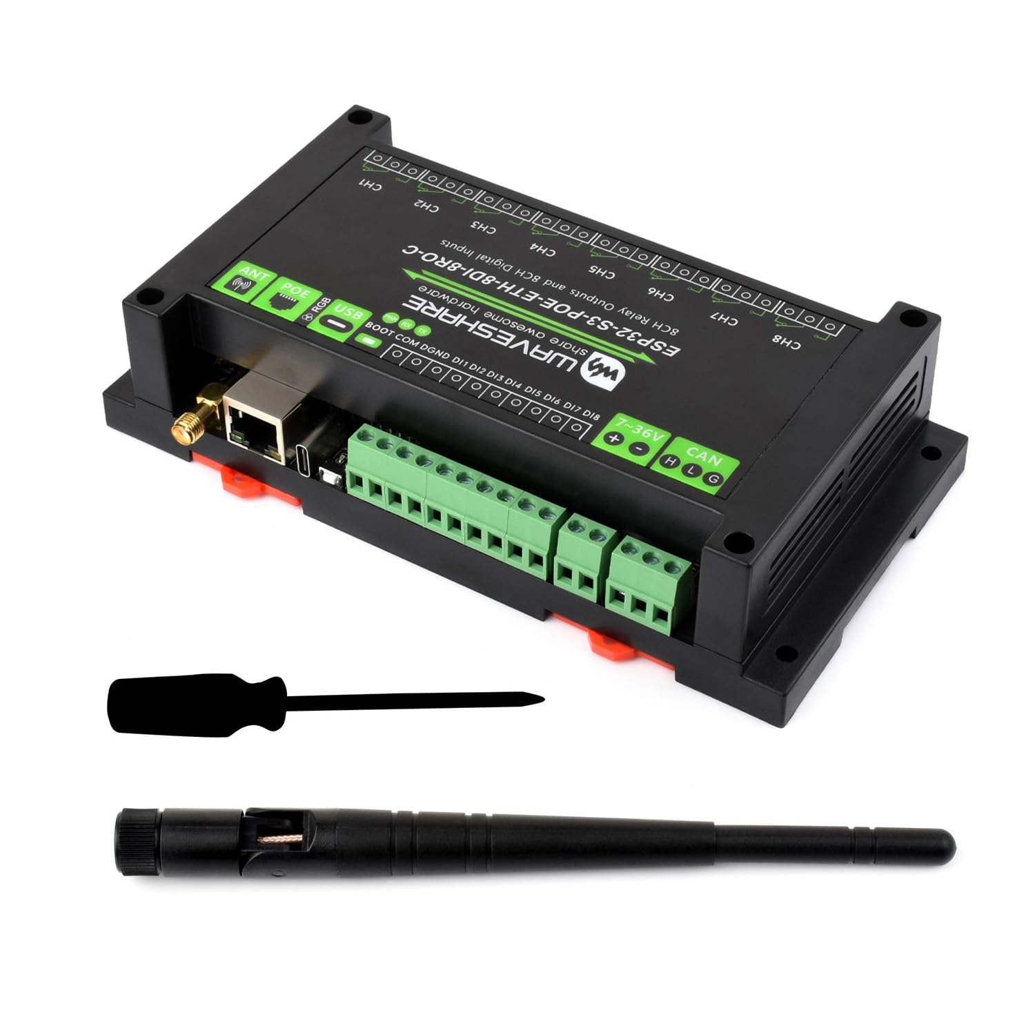 Waveshare ESP32-S3-POE-ETH-8DI-8RO-C(PoE Network Port), Industrial 8-Ch ESP32-S3 WiFi Relay Module, Isolated CAN Interface, Xtensa 32-Bit LX7 2Core Processor, Up To 240MHz, Multi Isolation Protection