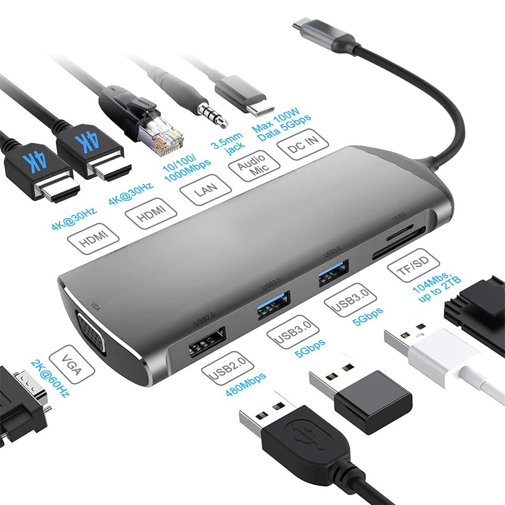 USB Hub Adapter Type C Docking Station for Macos 4K UHD Display PD RJ45 Gigabit Ethernet Color Gray