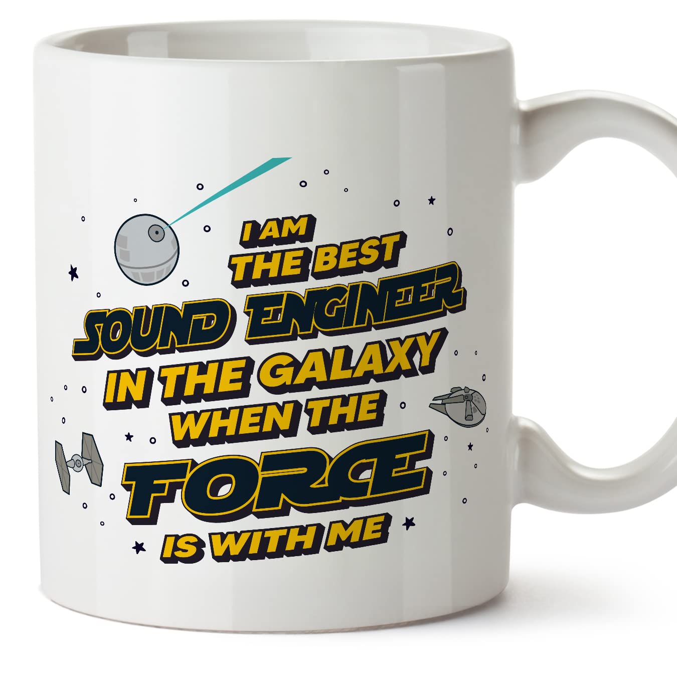 MUGFFINS Sound Engineer Mug - in English - Best in The Galaxy The Force is with Me - Funny Gift for Colleagues - Ceramic 11oz Mug
