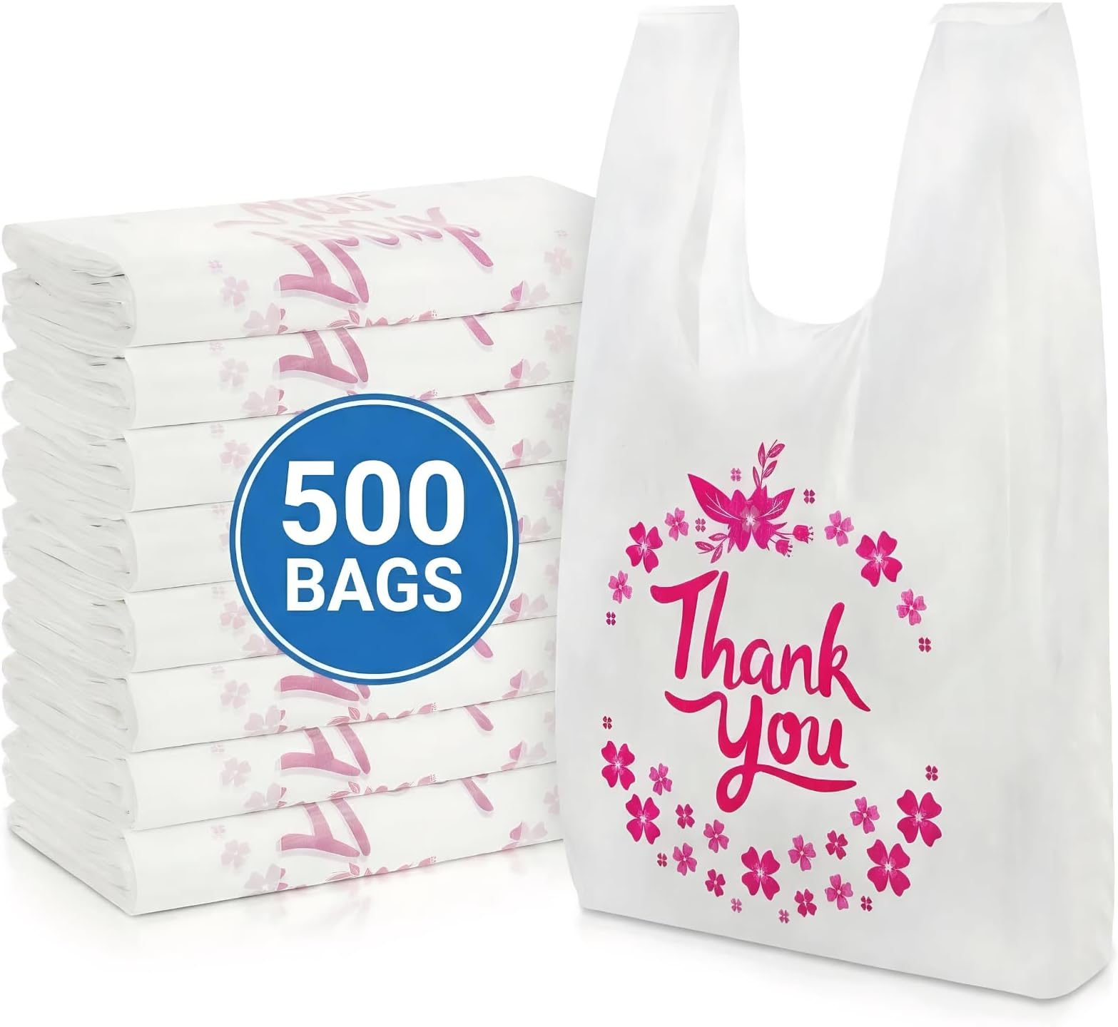 ZENFUN 500 Pack Thank You T Shirt Bag, 15 Mic, 0.6 Mil Bulk White Shopping Bag with Handles, Plastic Grocery Bags To-go Bags for Small Business, Retail, Restaurant, Takeout, 13 x 7 x 21 Inches