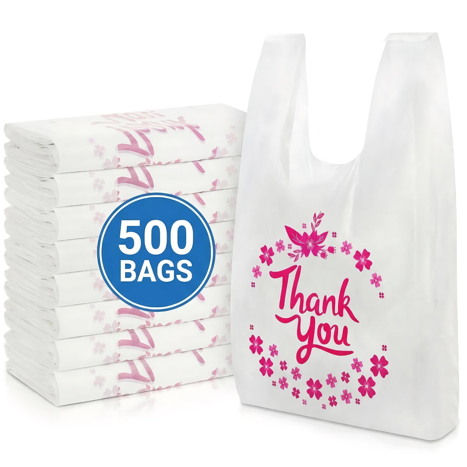 ZENFUN 500 Pack Thank You T Shirt Bag, 15 Mic, 0.6 Mil Bulk White Shopping Bag with Handles, Plastic Grocery Bags To-go Bags for Small Business, Retail, Restaurant, Takeout, 13 x 7 x 21 Inches
