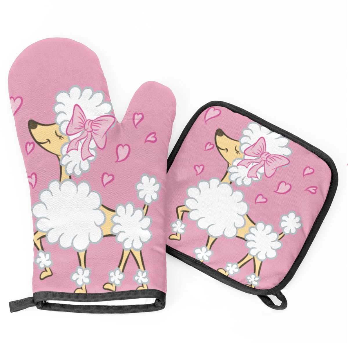 Dog Pink Oven Mitts and Pot Holders Sets of 2, Cute Poodle Puppy Heat Resistant Non-Slip Oven Gloves Hot Pads for Microwave Cooking Baking Grilling BBQ Decorative Kitchen Gift