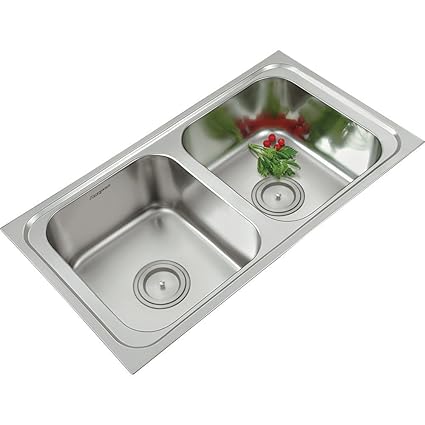 Anupam 324, 304 Grade Stainless Steel Double Square Bowl Kitchen Sink (36 x 20 x 8 Inch), Satin Finish