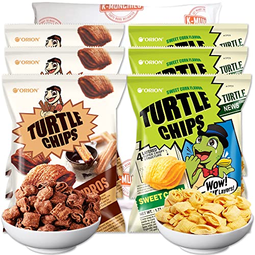 K-Munchies Orion Turtle Chips - 6 Variety Packs, 49g - Choco Churro (3) and Sweet Corn (3) Flavors - Snack Size Korean Chips - Savory, Crispy Korean Snacks - On-The-Go Corn Snack Chip