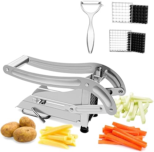 Cortador de patatas fritas, cortador de patatas de acero inoxidable con cortador antideslizante, 2 cuchillas de acero inoxidable y 1 pelador