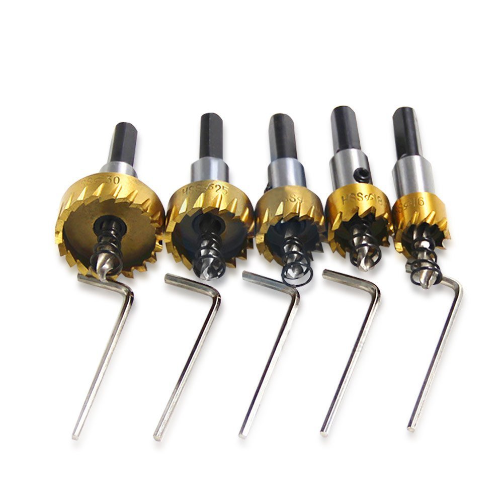 CSLU 5 Pcs Carbide HSS Titanium Hole Saw Cutter Tool Kit Set for Wood Plastic Soft Metal Steel 16-30MM