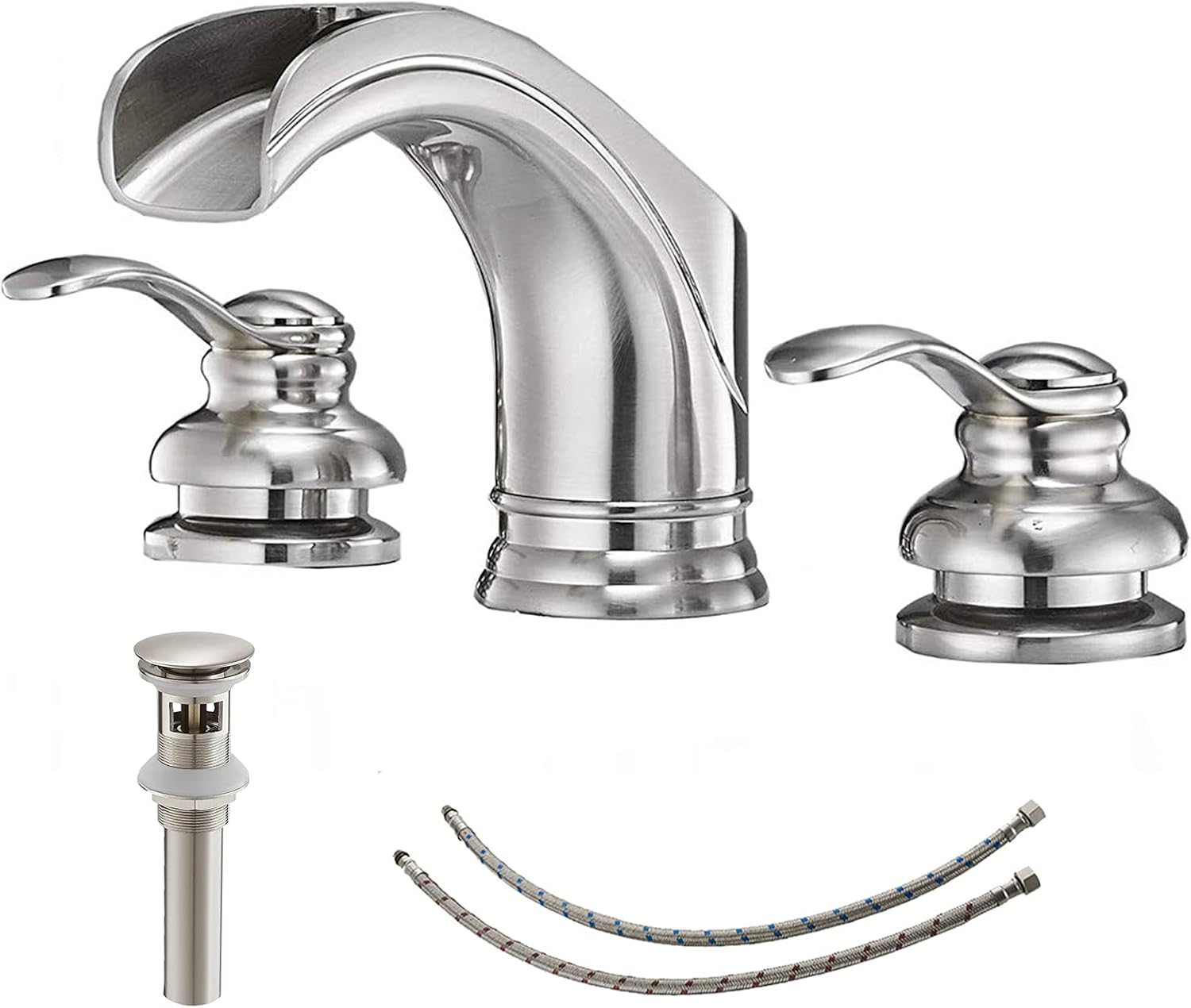 Greenspring Brushed Nickel Bathroom Faucet 3 Hole Widespread Waterfall Spout 2 Handle Sink Lavatory Commercial 8 Inch With Pop Up Drain With Overflow Brass Supply Line Lead-Free Greenspring Brushed Nickel Bathroom Faucet 3 Hole Widespread Waterfall Spout 2 Handle Sink Lavatory Commercial 8 Inch With Pop Up Drain With Overflow Brass Supply Line Lead-Free