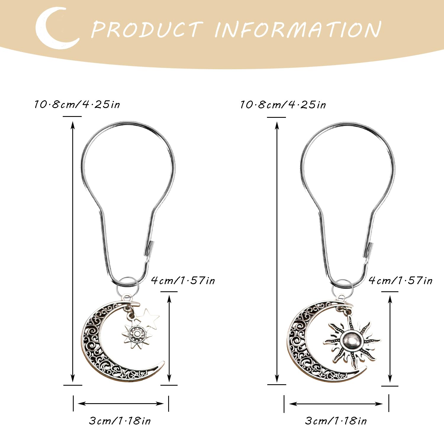 12 Pieces Shower Curtain Hooks, Decorative Moon Star Sun for Bathroom, Rust Proof Metal Stainless Steel Curtain Ring Gothic Bathroom Set Mid Century Abstract Boho Shower Curtain Hooks