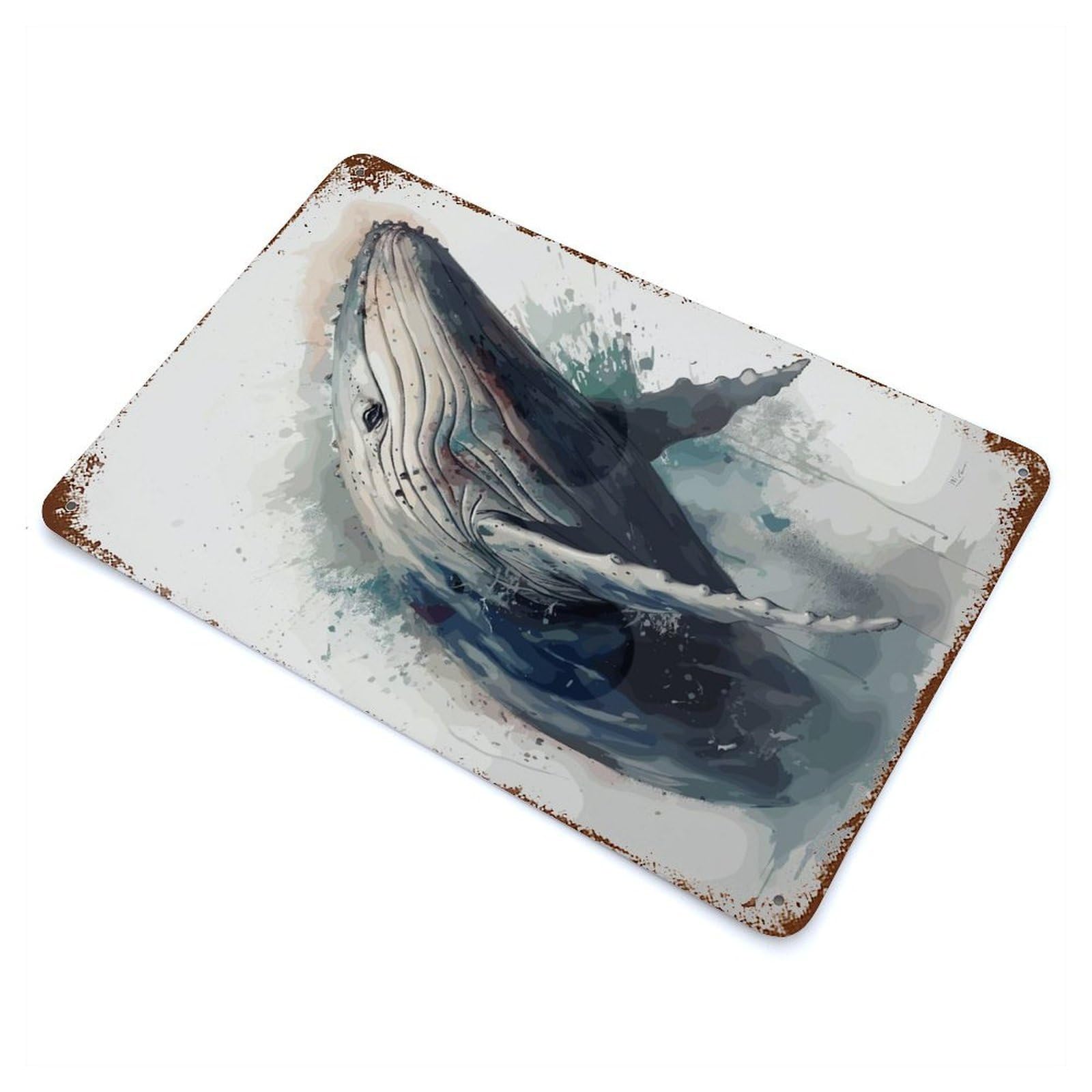 Retro Metal Sign with Humpback Whale Watercolor Design 11.8"x7.9", for Living Room, Hallway And Home Decor, Farmhouse Wall Decor