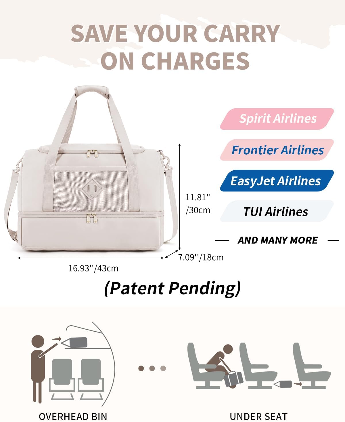 WANDF Travel Duffel Bag with Wet Pocket & Shoe Compartment, 18x14x8 Personal Item Bag with USB Charging Port, Water-Resistant Gym Weekender Overnight Carry-on for Women Men (Beige) - Image 2