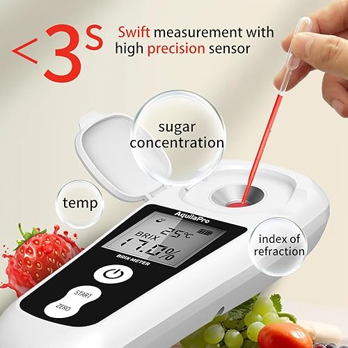 Vista 5 de AquilaPro Refractómetro digital Brix con LCD, para jugo de frutas y café, con compensación automática de temperatura, rango de 0-55%, precisión