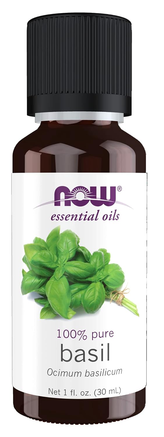 NOW Essential Oils, Basil Oil, Energizing Aromatherapy Scent, Stream Distilled, 100% Pure, Vegan, Child Resistant Cap, 1-Ounce