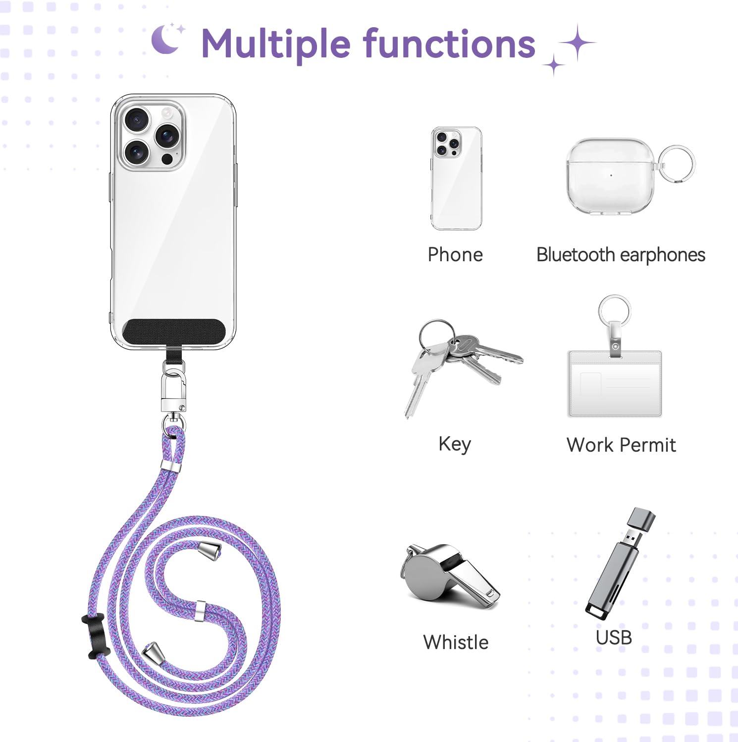 ivoler Cordino per Cellulare Universale con 2 pezzi Patch, Regolabile e Rimovibile Cordino Tracolla per Telefono, Adatto per iPhone Samsung Xiaomi e Qualsiasi Custodie per Smartphone -Viola Arcobaleno