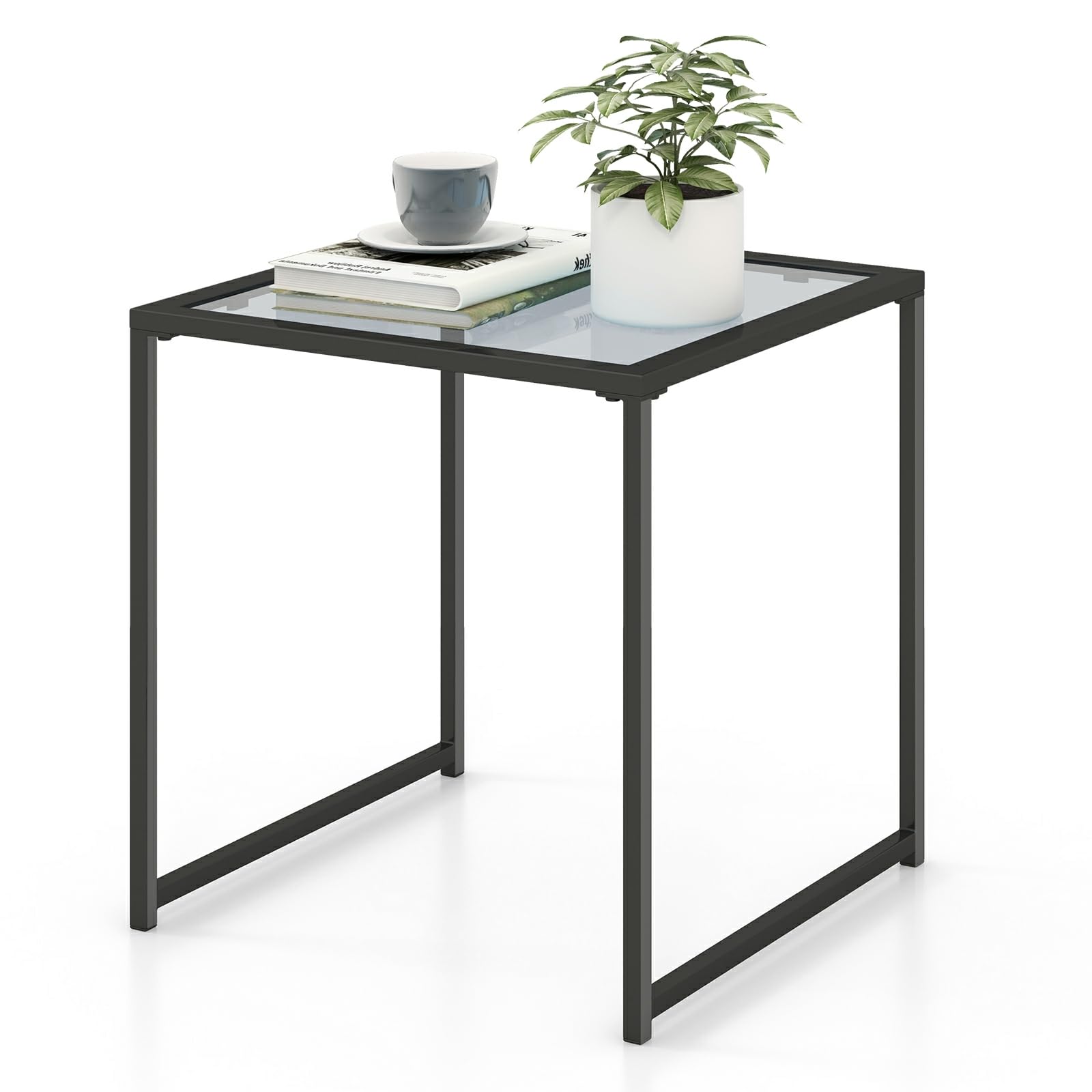 KOMFOTTEU Tavolino da esterno con piano in vetro temperato, tavolo basso, telaio in metallo, carico di 30 kg, tavolo laterale per patio, balcone, soggiorno, 43 x 43 x 45 cm, nero