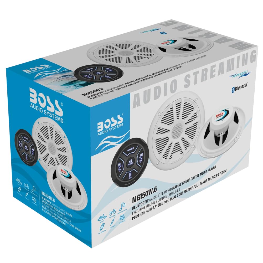 Kit Set para Boss Audio Systems MG150W.6: Receptor Bluetooth MGR150B, Altavoces MR6W 16,5 cm 6,5" 90 vatios rms 180 vatios máx, Resistente al Agua, para Mar, Barco