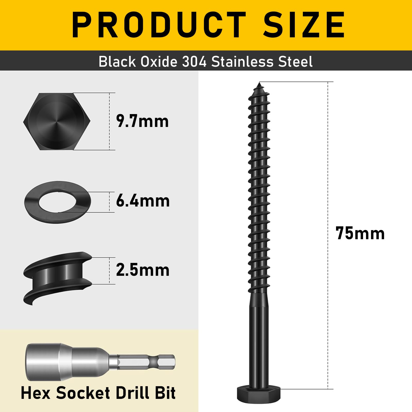 Valorada 20Pcs M6 x 75mm Coach Screws, Heavy Duty Lag Bolts 304 Stainless Steel, 75mm Wood Screws - Image 2