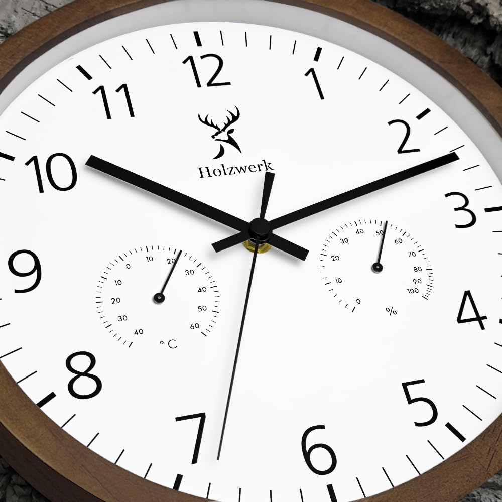 Holzwerk WEGBERG Wanduhr mit Temperaturanzeige und Hygrometer Feuchtigkeitsmesser Holz-Uhr lautloses Uhrwerk ohne Tickgeräusche Braun Buche Weiß lautlos Massivholz Natur Holz 30 cm (.HW.Braun.)