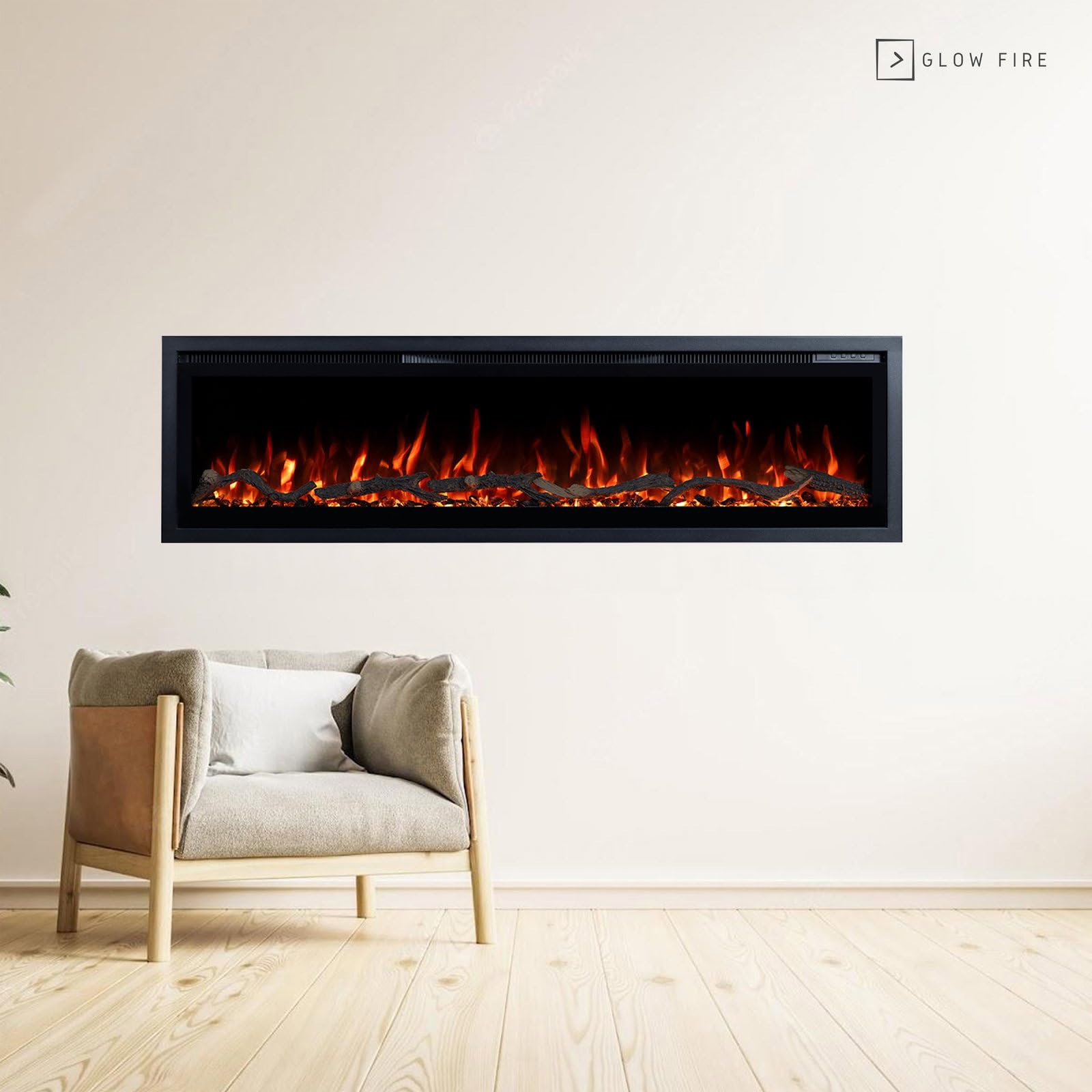 GLOW FIRE Kominek elektryczny Core 127 z realistycznym ogniem LED 3D – ścienny kominek elektryczny z ogrzewaniem i ogniem, sterowanie za pomocą aplikacji, efekt trzaskania i timer, maks. 1800 W, 127 x