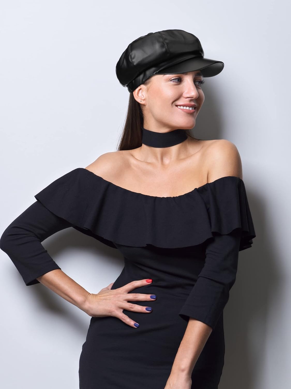 Funtery 3 Pcs Women Newsboy Hats PU Leather Visor Beret Cabbie Hat 8 Panel Vintage Women Fiddler Cap Faux Leather Baker Hat - Image 6