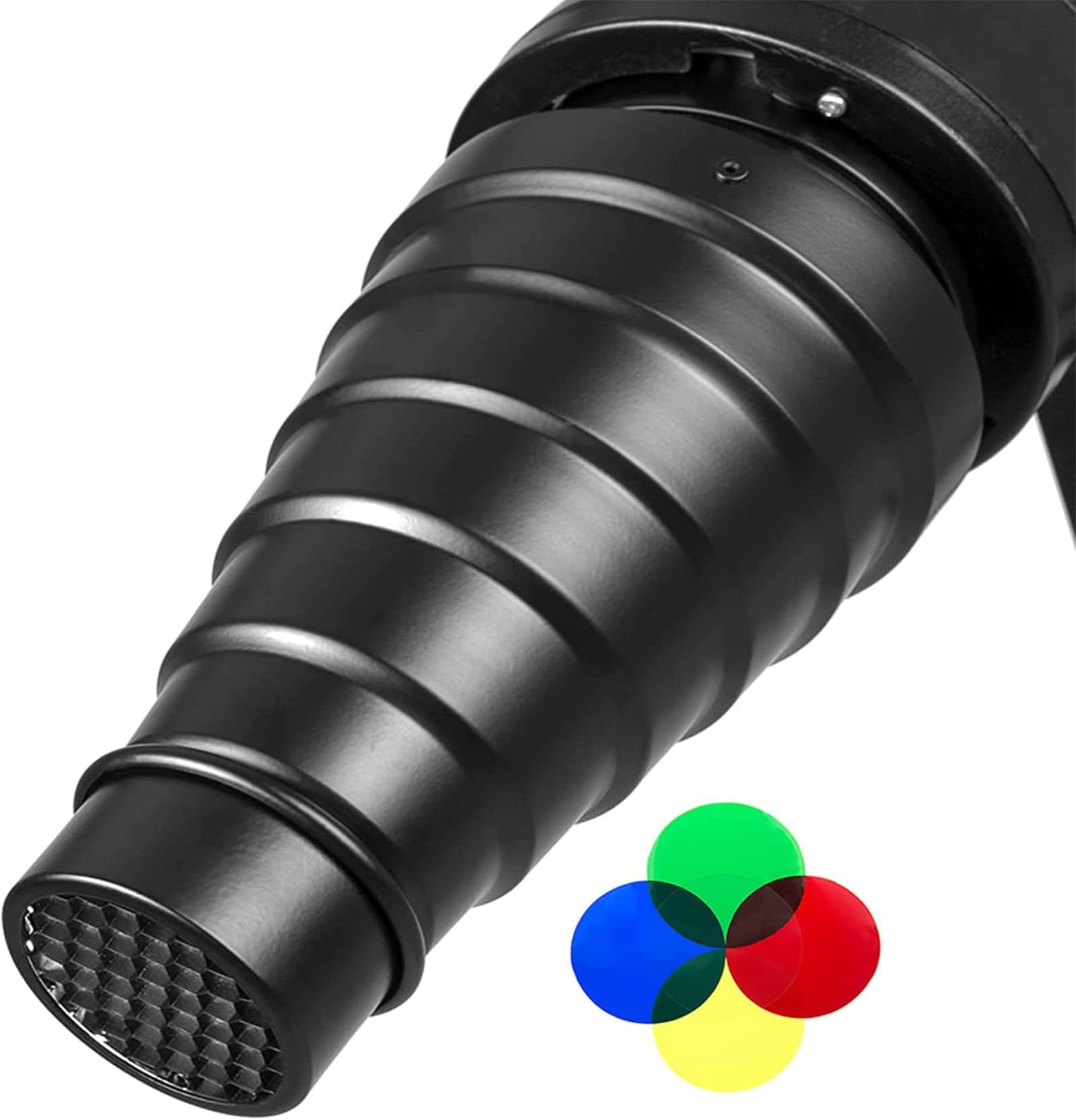 TUYUNG Aluminium Alloy Conical Studio Snoot Kit with Honeycomb Grid and 5pcs Color Filters for GODOX Bowens Mount Strobe Moonlights Flash Speedlight Photography Light