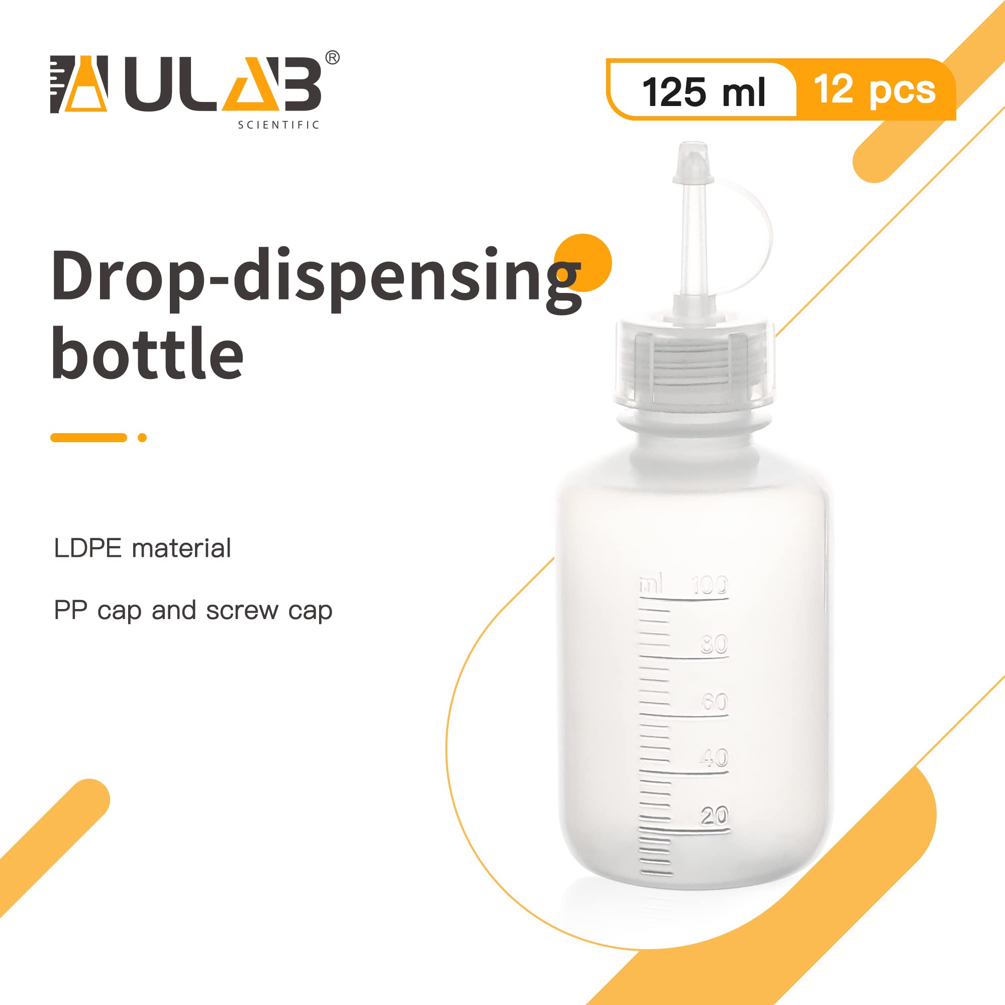 ULAB 12pcs Vol.125ml/4.2oz Drop Dispensing Bottles, LDPE material, PP Cap and Screw Cap, Laboratory drip Bottle, Watercolor Pigment Bottle, Ink Discharge Bottle, UDB1005