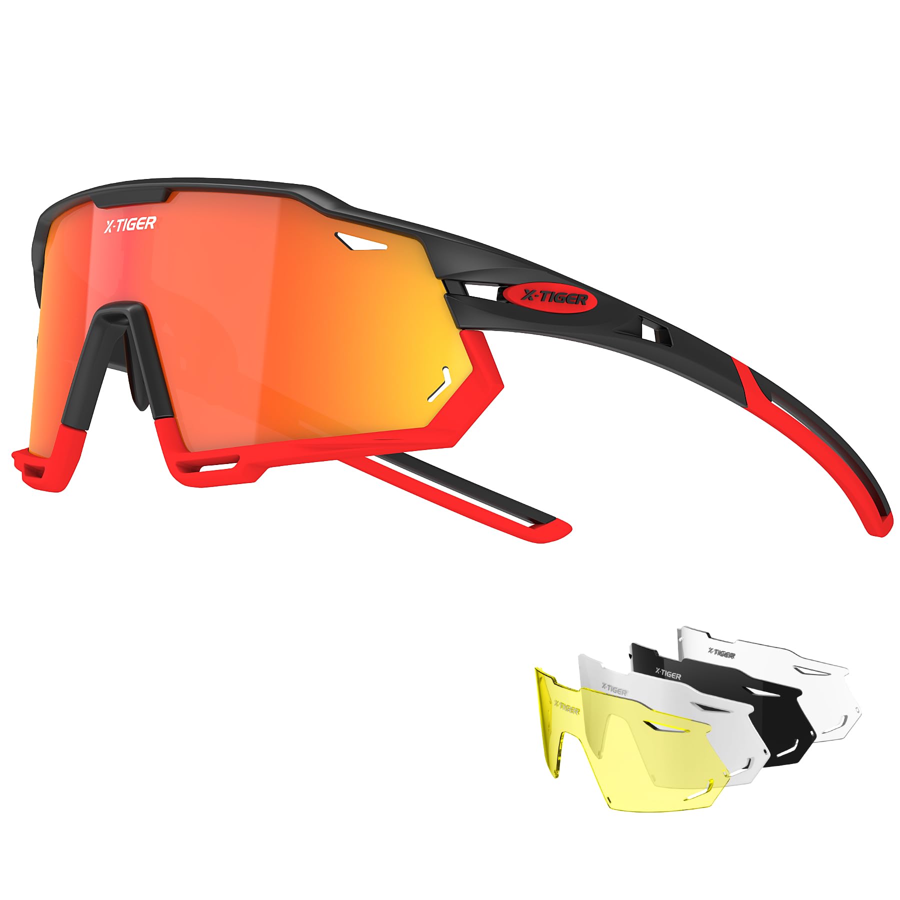 X-TIGER Lunettes de Cyclisme Lunettes de VTT Homme, Lunettes de Vélo avec 5 Lentilles Interchangeables Protection UV400, Montures TR90 résistantes au Stress, Pour Pêche Conduite Running Bicyclettes