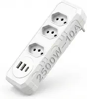 Extensão Tomada, 3 Tomadas e 2 Saídas USB e 1 Saída Tipo C, Botão de Liga e Desliga, Régua Com Filtro de Linha, Protege Seus Dispositivos Contra Curtos e Sobrecargas, 110V a 220V, Até 2500W