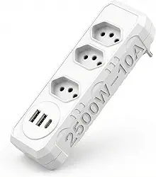 Extensão Tomada, 3 Tomadas e 2 Saídas USB e 1 Saída Tipo C, Botão de Liga e Desliga, Régua Com Filtro de Linha, Protege Seus Dispositivos Contra Curtos e Sobrecargas, 110V a 220V, Até 2500W