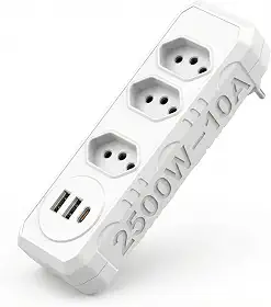 Extensão Tomada, 3 Tomadas e 2 Saídas USB e 1 Saída Tipo C, Botão de Liga e Desliga, Régua Com Filtro de Linha, Protege Seus Dispositivos Contra Curtos e Sobrecargas, 110V a 220V, Até 2500W