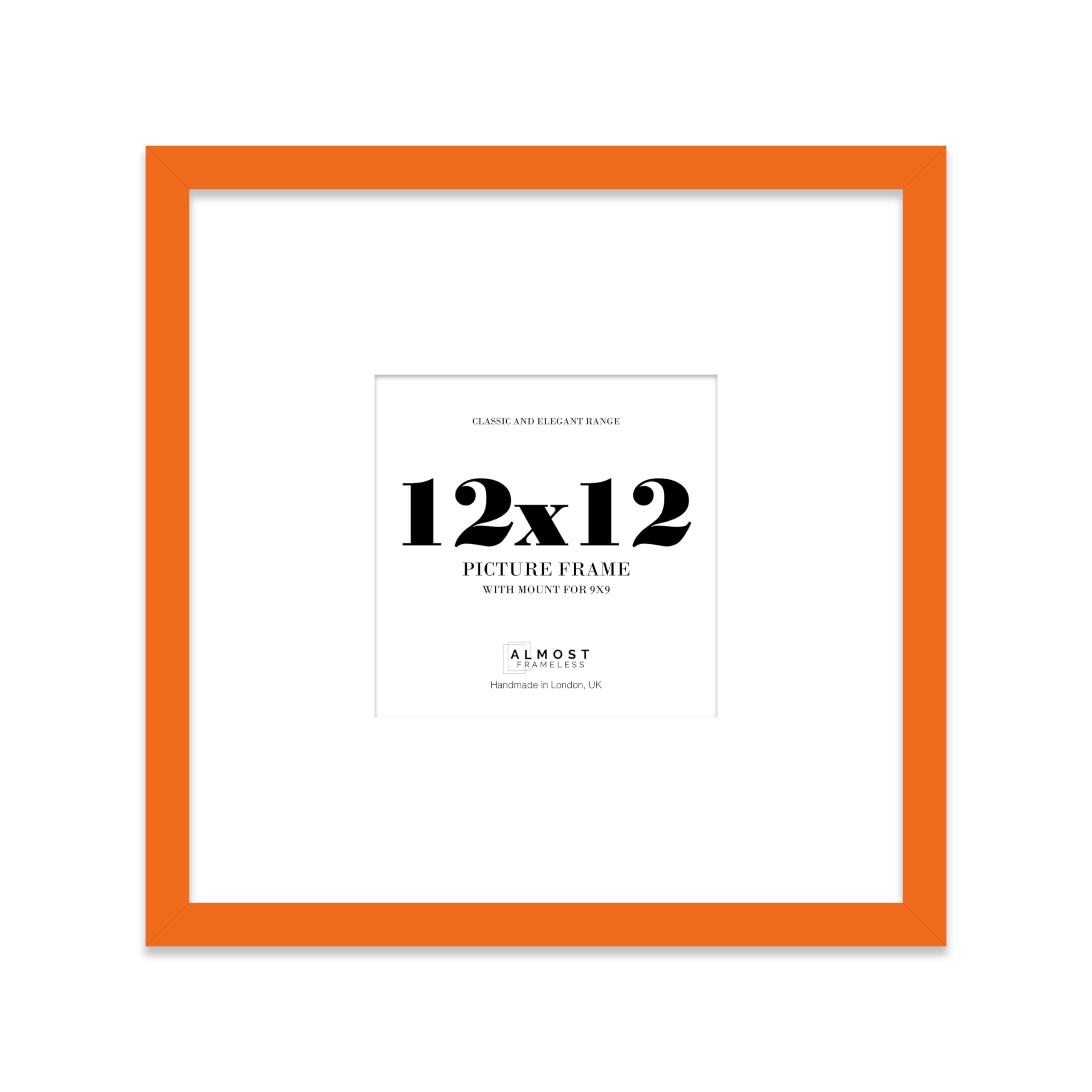 Almost Frameless 12x12 Square Picture Frame, Display Pictures 9x9 With Mat or 12x12 Without Mat, Wall Hanging & Free Standing Photo Frame, Orange, 1 Pack