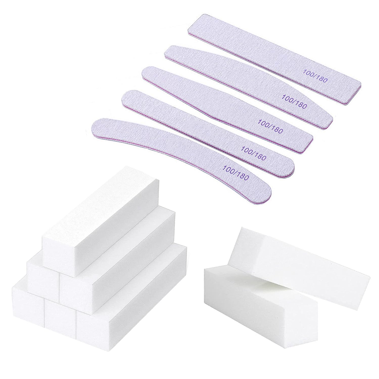 SYEYCW 13 Piezas Bloque Pulidor de Uñas Blanco y Lima de Uñas, 8 Piezas Esponja Bloques de Pulido de Uñas, 5 Piezas Lima 100/180 Grano Lavable para Uñas, para Gel y Acrílico, Uso en Salón y Hogar