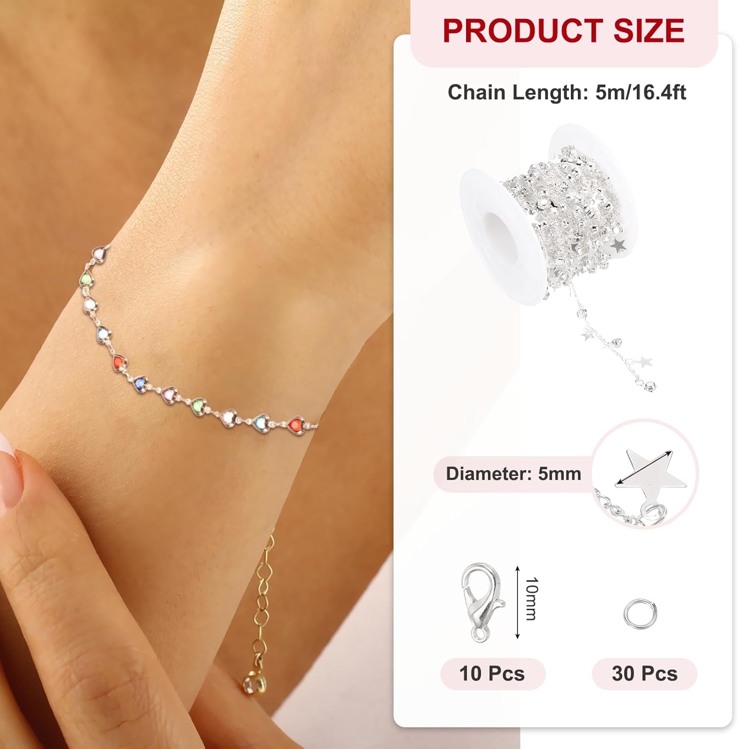 PATIKIL 16.4Ft Star Rhinestone Chain Roll, Jewelry Making Chain Links Bulk with Lobster Claps Jump Rings for Jewelry Making Findings DIY Craft Necklace Bracelets, Silver Tone(White) - Image 2