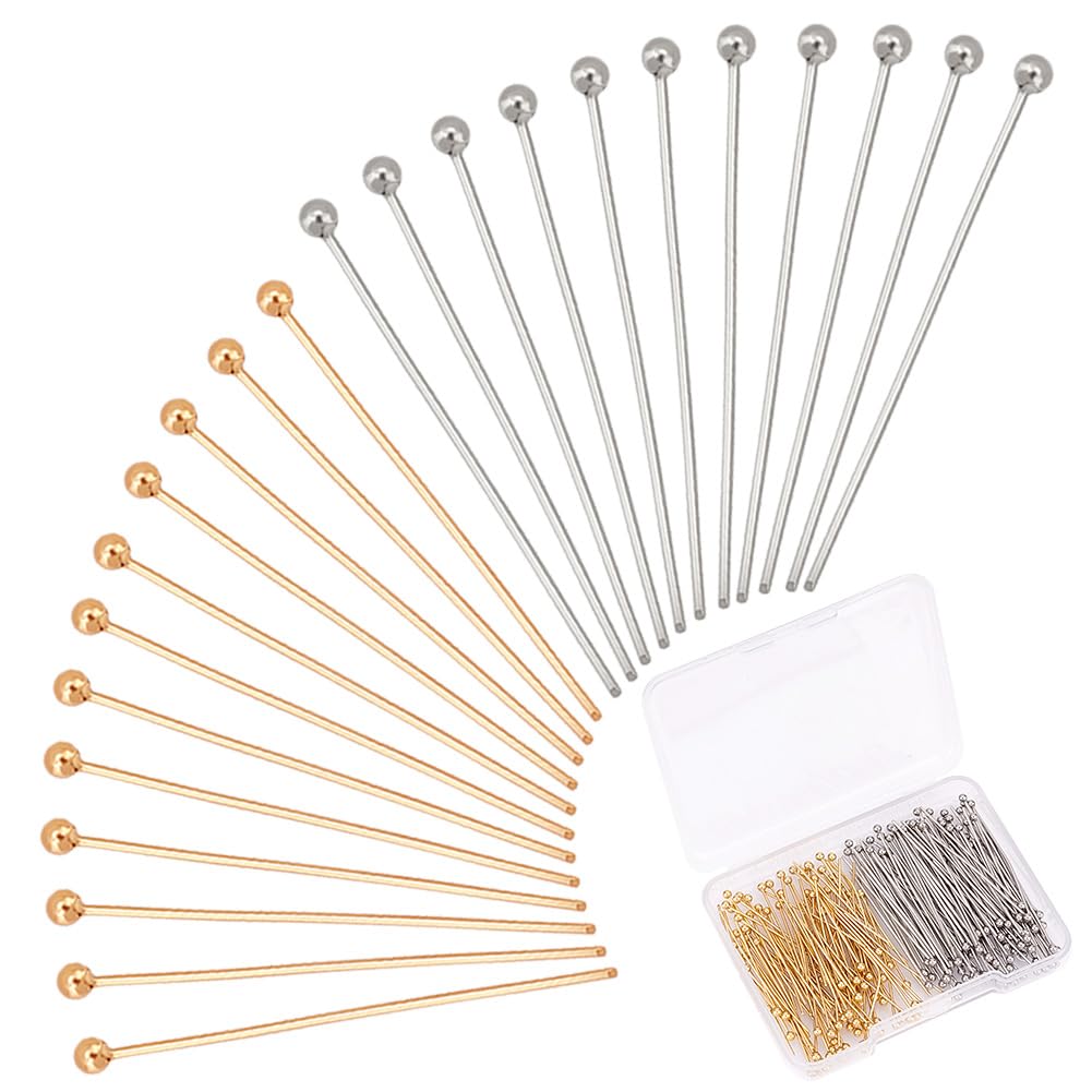 PandaHall 100pcs 24K Gold Plated Flat Head Pins - 35mm, 23 Gauge, 304 Stainless Steel Jewelry Making Supplies