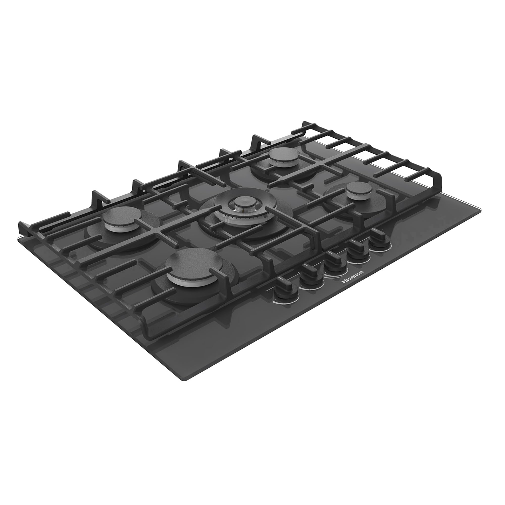 Hisense GG773B - Placa de Gas 5 Zonas, 1000W, Fondo 52cm, 5 Quemadores de Gas, Soporte de Hierro Fundido, Encendido con una mano, Quemador Wok, Superficie de fácil limpieza, Cristal Negro