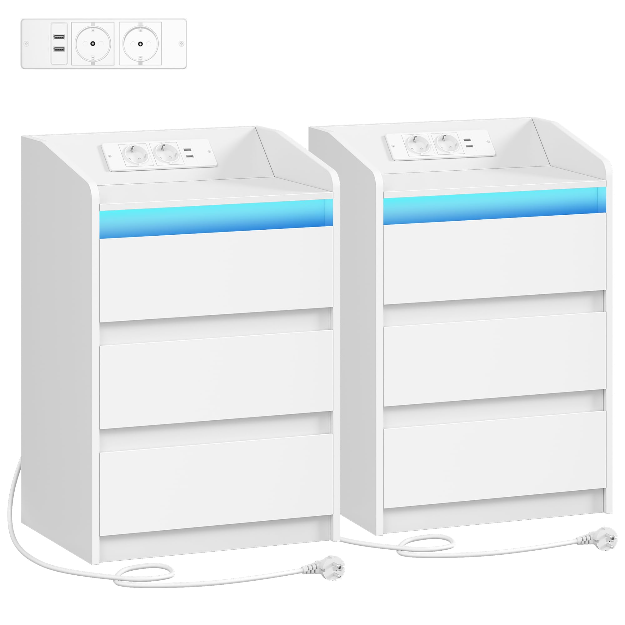 Hzuaneri Comodino Set di 2 con 3 Cassetti, Stazione di Ricarica LED, Bianco | Tavolino, 2 Prese CA e 2 Porte USB per Camera da Letto, Soggiorno, NS40103X