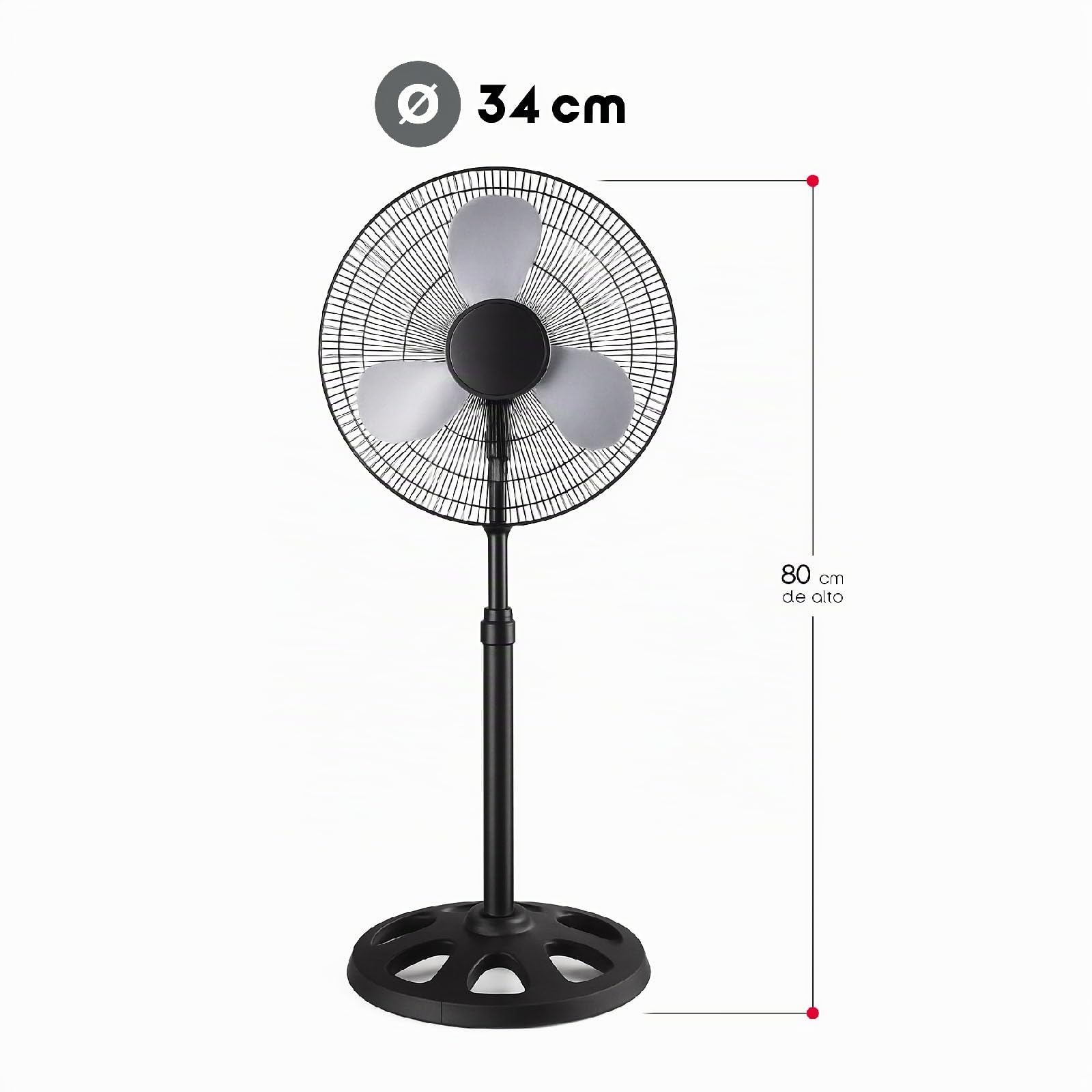 TIENDA EURASIA – Ventilador de Pie | Negro y Plateado | 3 Aspas | 37W | Metal y Polipropileno PP | Ø 34cm | 80 cm Alto | 3 Velocidades | Voltaje Máximo 240V