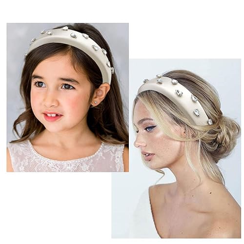 Miniatura 5 de AHONEY Diadema blanca acolchada para mujer, diadema gruesa blanca, bandas elegantes para el cabello de las mujeres de los años 70, diadema adornada,