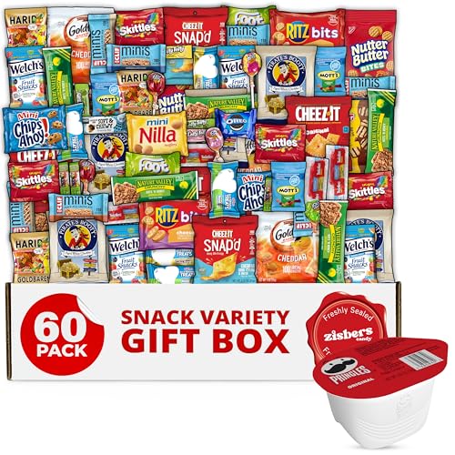 Snack Box Care Package Gift Box - Large Variety Snack, Candy & Treats for College Students, Adults, Kids, and Office Treats - 60 Count