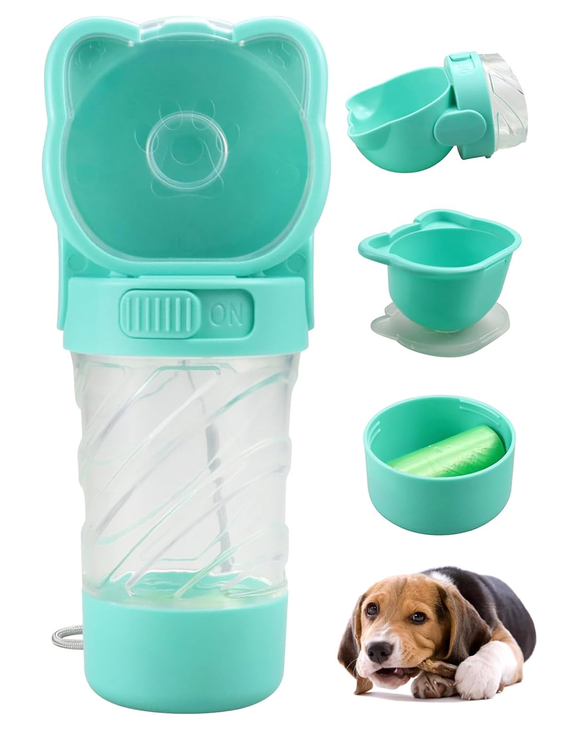 Botella de Agua portátil para Perros,Dispensadores de Agua para Perros al Aire Libre 350ml, Tanque de Comida 200ml, Botella de Agua para Perros de Paseo con Compartimento para Bolsa de Basura