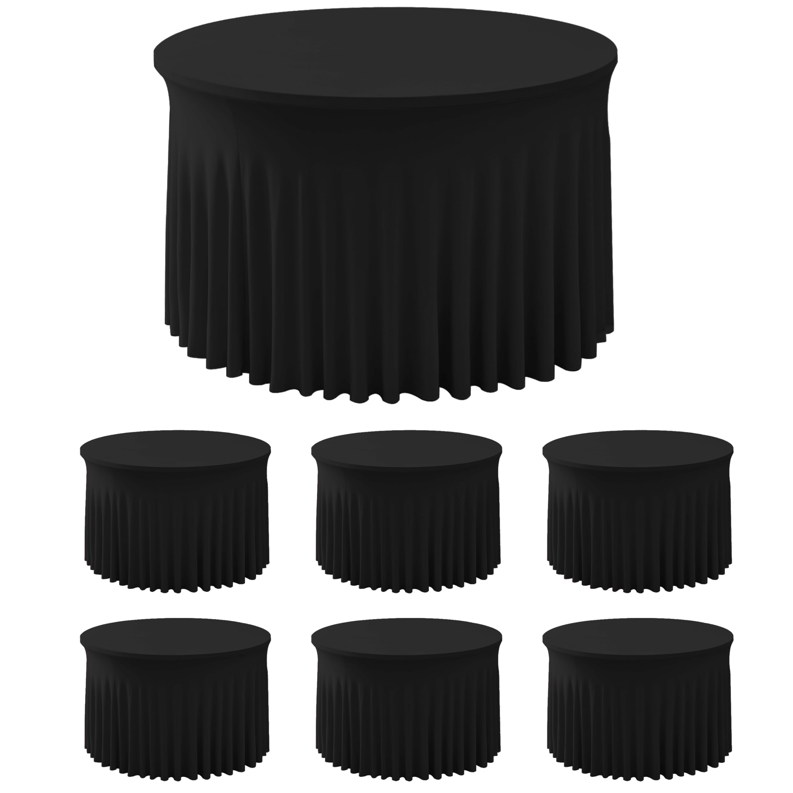 6 Pack Black Spandex Table Skirts for 60 Inch Round Tables, Wedding Party