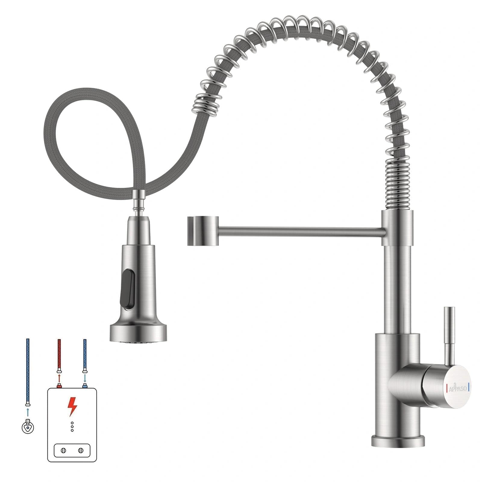 APPASO Niederdruck Armatur Küche, KTW-zertifizierten Heiß- und Kaltschläuche und Kartusche, Gebürsteter Edelstahl Wasserhahn Küche mit Brause Ausziehbar 2 Modi 360°drehbarer, Frühling küchenarmatur