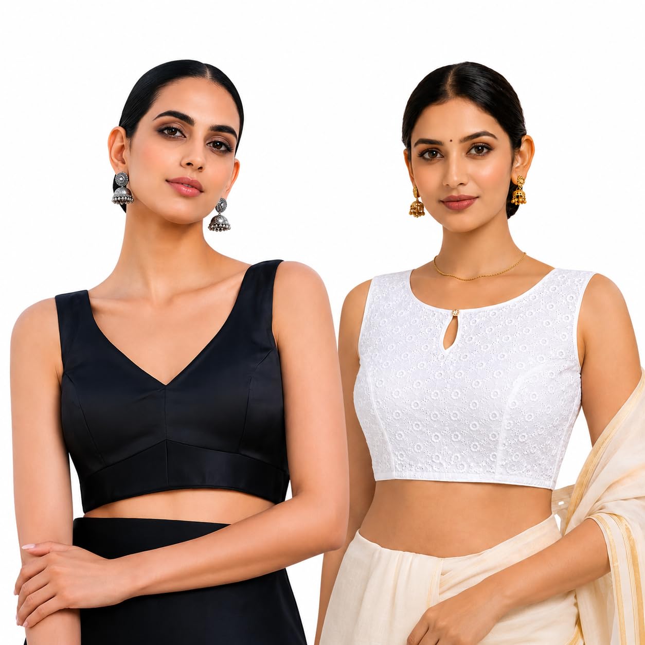 Women's Saree Blouse Combo, Black Raw Silk and White Cotton Chikankari Embroidery, Sleeveless, Readymade-picture-42