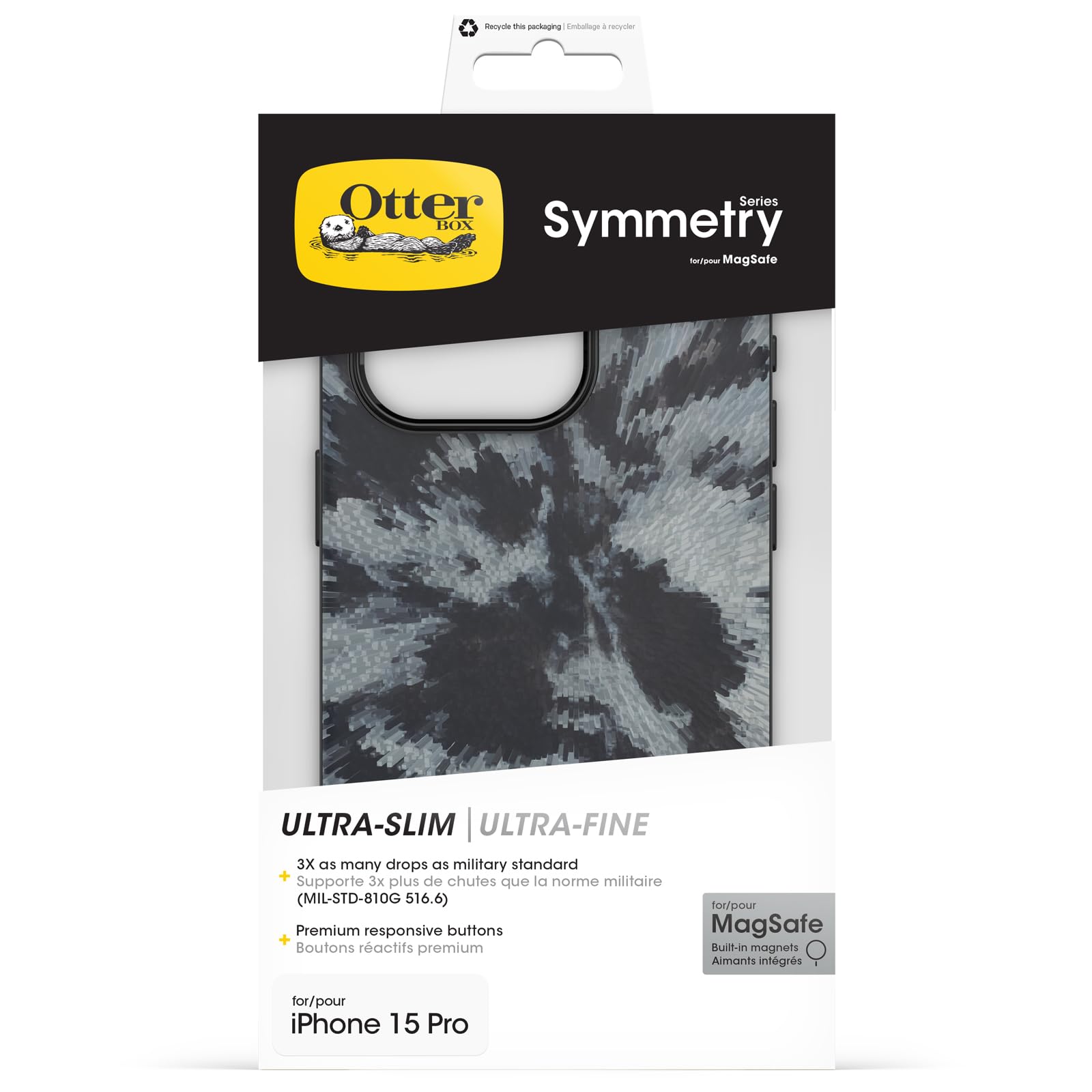 OtterBox Cover per iPhone 15 Pro Symmetry per MagSafe, resistente a shock e cadute ;sottile, testata 3x vs le norme MIL-STD 810G, Nero/Grigio
