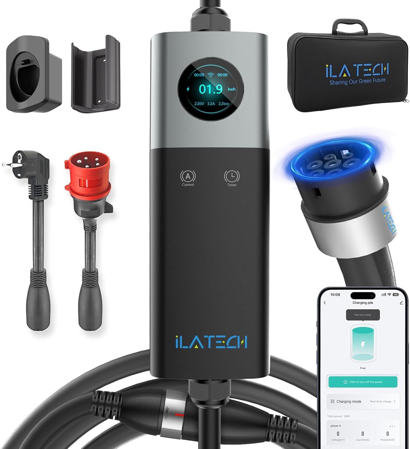 iLa Tech Mobile Wallbox 22KW WiFi EV Charger 32A for BEV with 5m Type 2 Charging Cable LCD Display IP66 Waterproof with Cable Holder, Storage Bag and CEE Adapter
