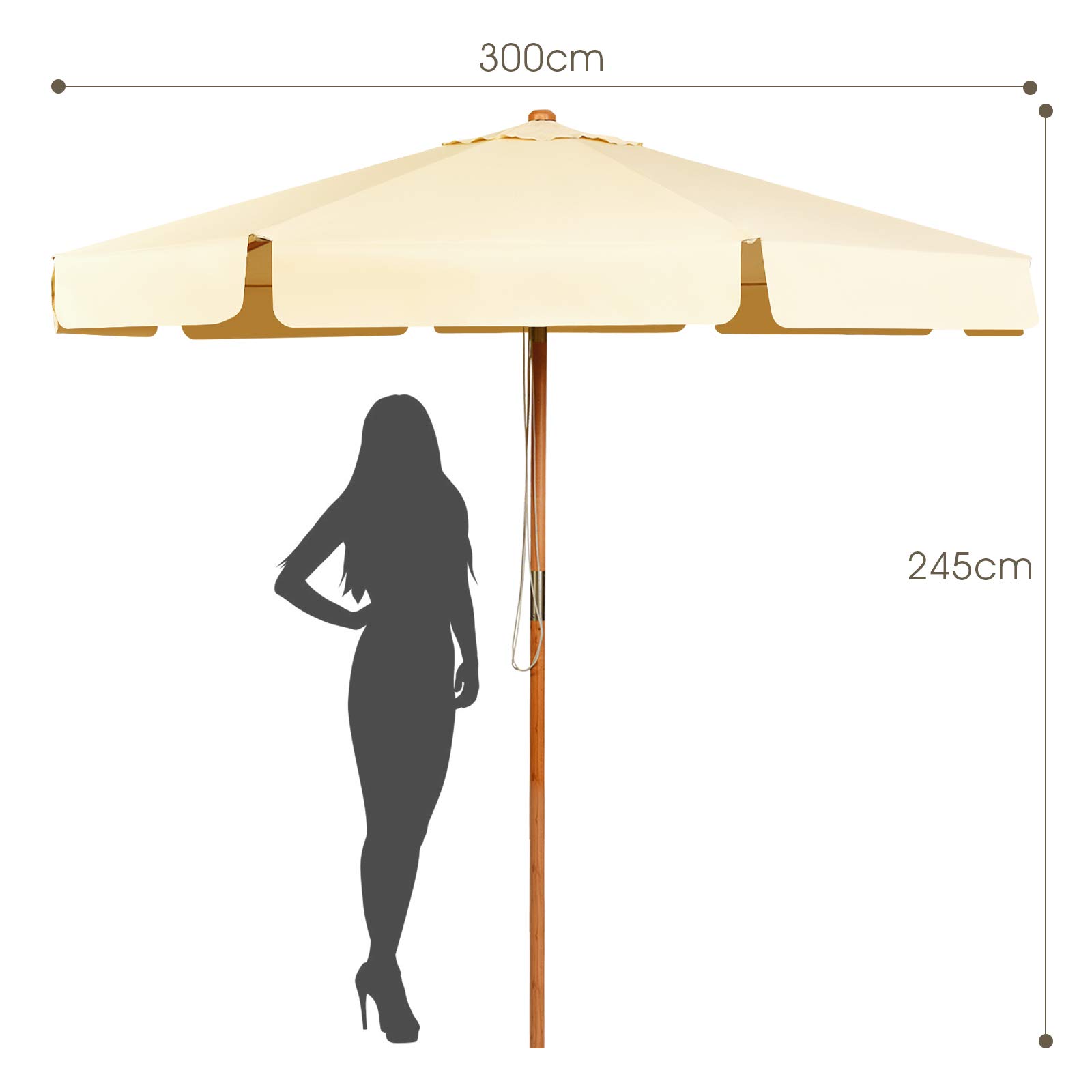 GYMAX Ombrellone da Giardino 3x3 M, 8 Stecche in Legno Massello, Ombrellone Inclinabile con Copertura Impermeabile e Resistente al Sole, per Terrazzo Patio (Beige)